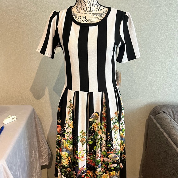 LuLaRoe Black and White Striped Dress with Colorful Floral Design - Picture 1 of 5